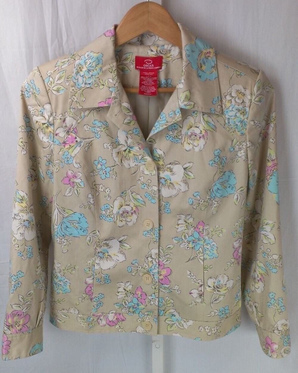 Oscar de la Renta Tan Watercolor Pink Blue Flowers Jacket Blazer sz 8